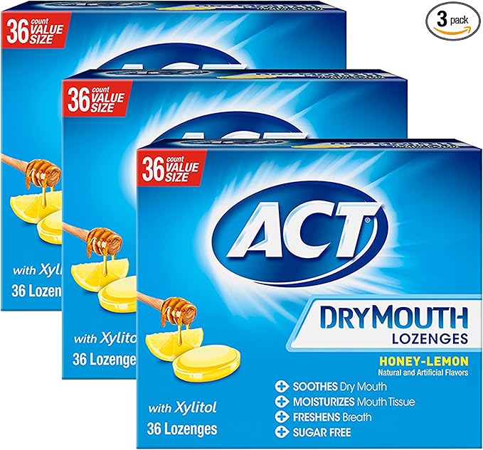 ACT Dry Mouth Lozenges With Xylitol, 36-Count, Sugar Free Honey-Lemon (Pack of 3)