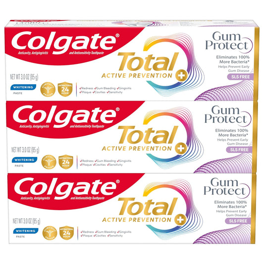 Colgate Total Active Prevention Gum Protect Whitening Toothpaste, Whitening Gum Toothpaste for Inflammation, Redness, Bleeding, Irritation, and Sensitivity, SLS Free, 3 Pack, 3.0 oz