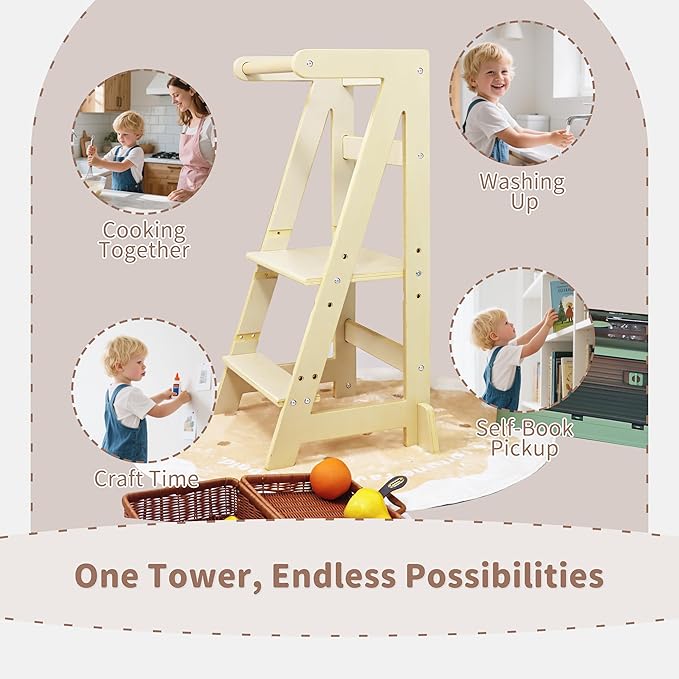 Damoch Family® Premium Kitchen Step Stool for Kids - Toddler Counter Standing Tower Helper Stool | CPSC/REACH/CPC Certified | Non-Toxic Eiffel Tower Design | Height Adjustable For Different Ages