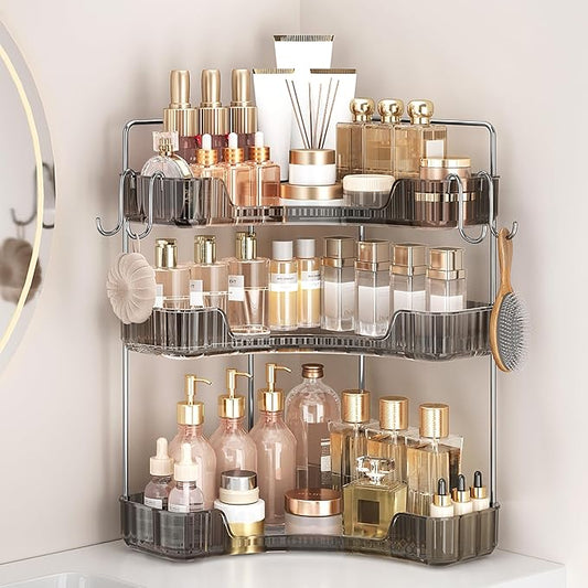 3-Tier Corner Organizer with Hooks, Gray PET Counter Storage | Multi-Purpose for Bathroom Skincare & Kitchen Organization