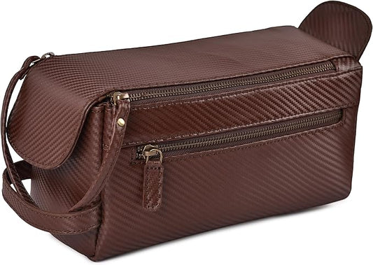 LEATHER VILLAGE Premium Carbon Fiber Genuine Leather Travel Toiletry Bag - Large Compact Dopp Kit, Water-Resistance Shaving & Cosmetic Organizer for Men & Women - Brown