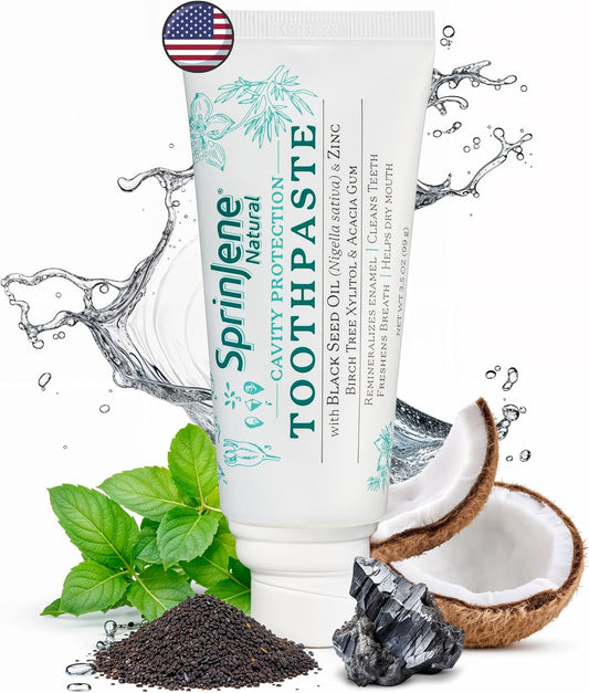 SprinJene Natural Fluoride Toothpaste – Natural Toothpaste for Gum Health & Cavity Protection – Patented Black Seed Oil & Zinc Formula for Healthy Teeth & Gums – Made in The USA (1 Pack)
