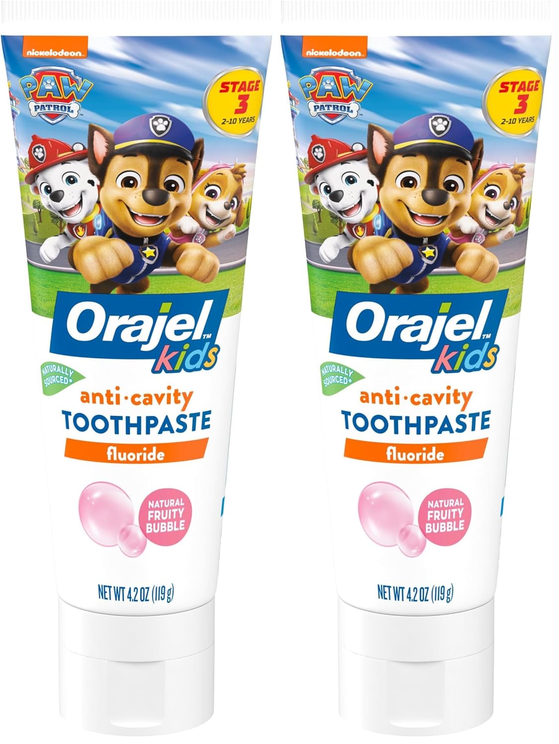 Orajel Kids Paw Patrol Anti-Cavity Fluoride Toothpaste, Natural Fruity Bubble Flavor, 4.2oz Tube (Pack of 2)