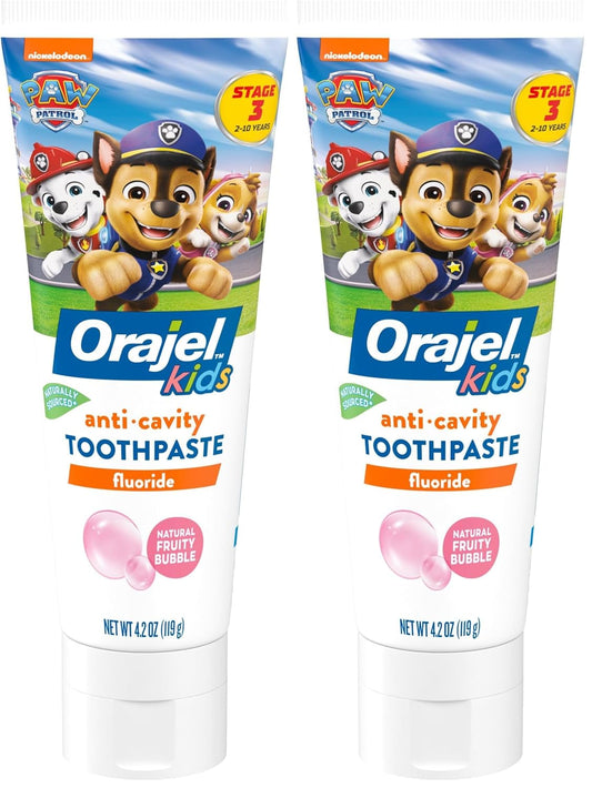 Orajel Kids Paw Patrol Anti-Cavity Fluoride Toothpaste, Natural Fruity Bubble Flavor, 4.2oz Tube (Pack of 2)