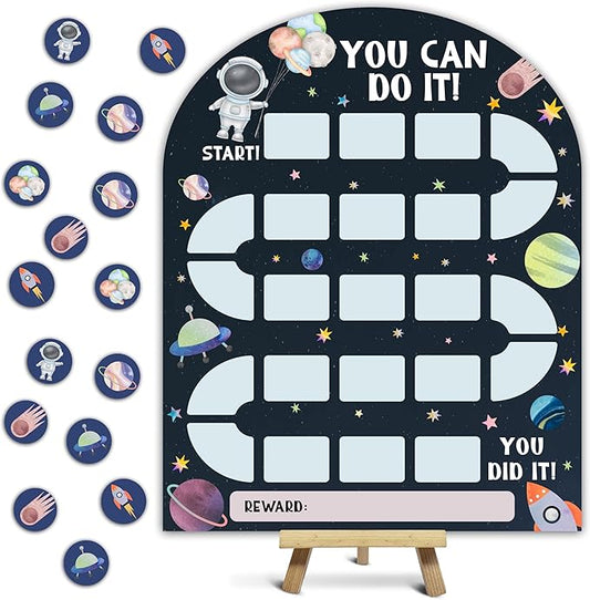 Outer Space Reward Chart, Behavior Chart for Kids at Home, Wooden Incentive Chart Signboard with 24 Tokens, Galaxy Themed Sticker Charts Classroom Essentials -02