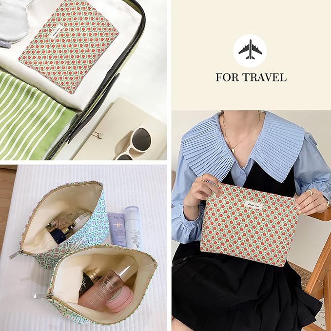 STARDW Aesthetic Floral Makeup Bag Cute Small Cosmetic Bags for Women Girls, Travel Toiletry Bag Large Capacity Zipper Makeup Pouch, Purse Organizer Pouches (Red Floral)