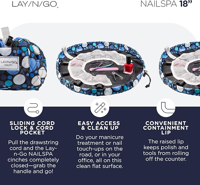 Lay-n-Go NailSpa Drawstring Cosmetic Bag - Portable Nail Supplies Organizer Bag w/ 8 Elastic Mesh Pockets & Circular Center - Durable, Machine Washable Nail Kit Organizer (18", Blue Polka Dot)