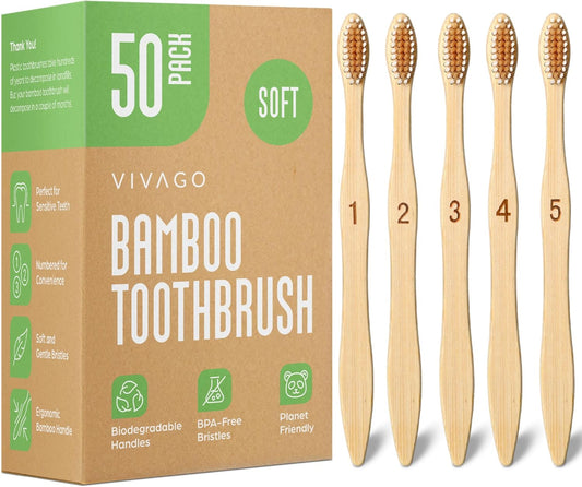 Bamboo Toothbrushes Bulk Soft Bristles (50 Pack) - Eco-Friendly, Natural Wooden Toothbrush