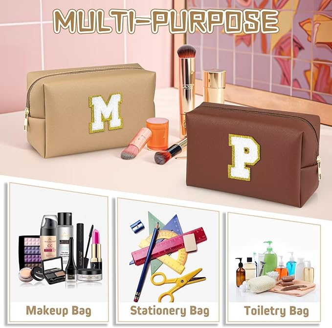 TOPEAST Preppy Makeup Bag, Small Cosmetic Travel Bags for Women, PU Leather Waterproof Toiletry Bag with Zipper, Personalized Birthday Gift for Women Girl, Preppy Gifts for Girl (Khaki F)