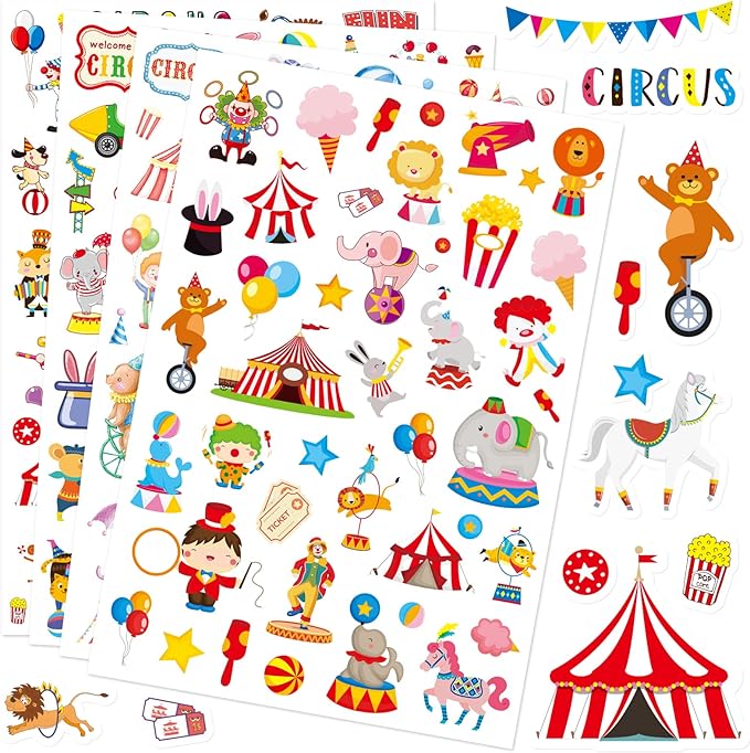 Cute Carnival Circus Stickers 820 Count Party Goodie Gifts Bags Decor Red White Elephant Clown Adhesive Stickers for Kids Girls Boys Birthday Invitations Art Craft Decor School Game Class Rewards