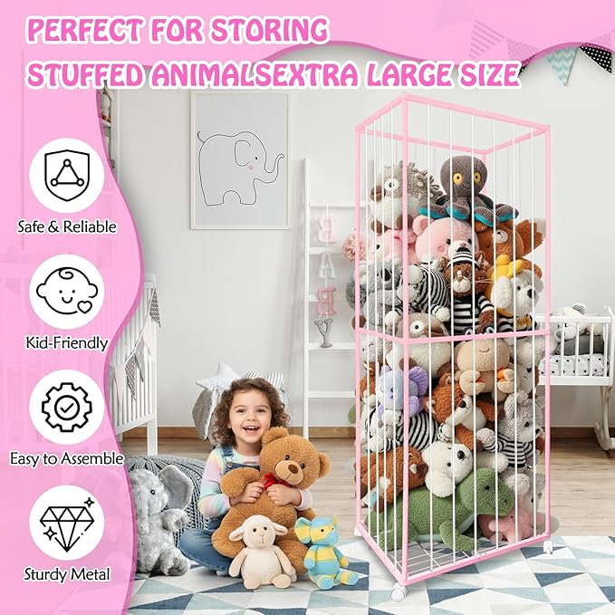 Stuffed Animal Storage, Metal Tube Extra Large Toy Storage Organizer with Brake Wheels, Stuffed Animal Holder Zoo Organizer for Nursery Playroom Kids Room Pink(61” x 23.6”x 16.5”)