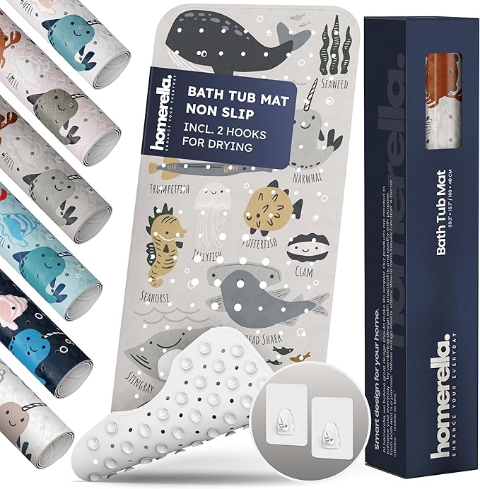 Bath Tub Mat Non Slip Anti Mold for Kids BPA Free INCL Hooks - homerella® Ocean Sea Animals 40x16, Baby Bath Mat Non Slip 200 Suction Cups, Non Toxic Machine Washable Toddler Bath Mat, EU Certified