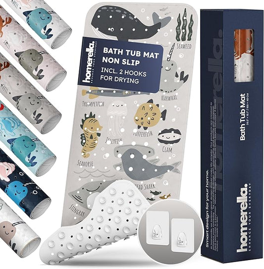 Bath Tub Mat Non Slip Anti Mold for Kids BPA Free INCL Hooks - homerella® Ocean Sea Animals 40x16, Baby Bath Mat Non Slip 200 Suction Cups, Non Toxic Machine Washable Toddler Bath Mat, EU Certified