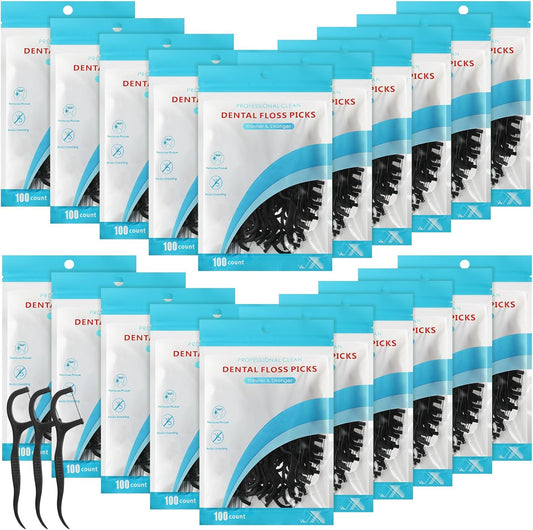 Maxcheck 2000 Count Floss Picks Bulk Natural Dental Floss Picks Toothpicks Sticks High Pull Tooth Flosser Sustainable for Teeth(Black)