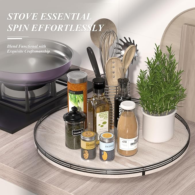 24" Lazy Susan Wood Turntable Organizer for Kitchen Decor, Farmhouse Round Wooden Larger Lazy Susan Organization and Storage for Cabinet, Dining Table, Bathroom, Countertop, Centerpiece,Whitewashed