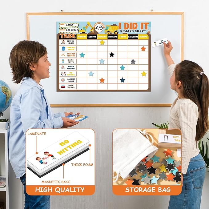 Magnetic Reward Chart for Kids at Home Construction Theme I Did It Motivate Behavior Reward Chart System Magnetic Behavior Tracker Incentive Chore Pad to Develop Responsibility and Good Habits
