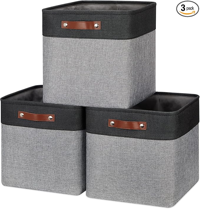 HNZIGE Storage Foldable Baskets Cubes Set(3 Pack) Fabric Bins for Shelves,13 Inch Storage Basket for Organizing with Leather Handles for Home, Toys, Clothes, Kids Room, Closet Storage(Black&White)