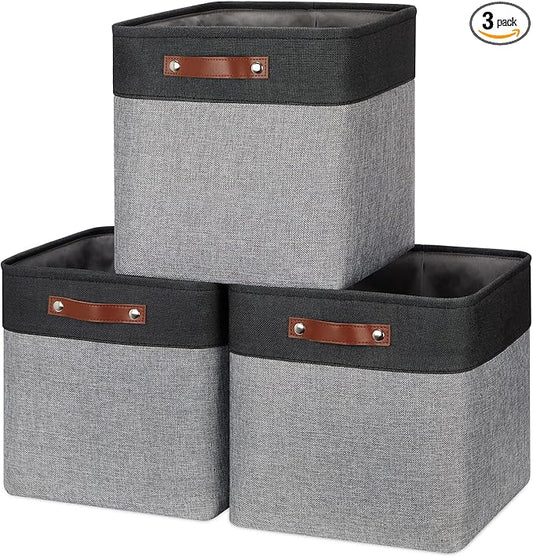 HNZIGE Storage Foldable Baskets Cubes Set(3 Pack) Fabric Bins for Shelves,13 Inch Storage Basket for Organizing with Leather Handles for Home, Toys, Clothes, Kids Room, Closet Storage(Black&White)