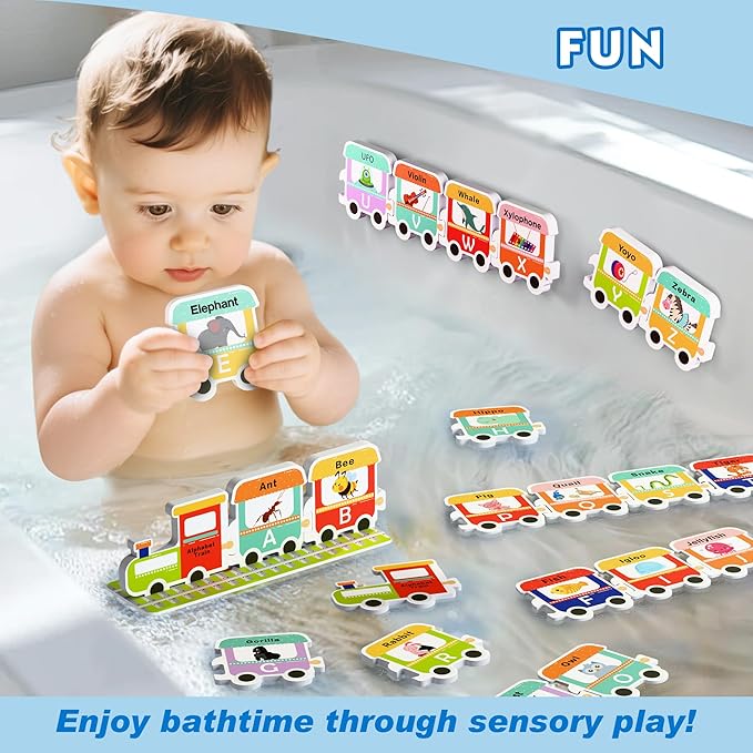 iPlay, iLearn Bath Toy Organizer W/Foam Letters, Toddler Bathtub Toy W/Storage Net, 32 Floating Alphabet Train Puzzle Bathtime Shower Water Play, Learning Birthday Gift 3 4 5 6 Year Old Kid Boy Girl