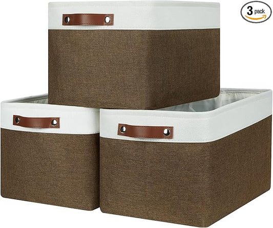 HNZIGE Fabric Storage Baskets (3 Pack) - Decorative Foldable Shelf Baskets with Leather Handles for Organizing Clothes (Brown & White, 15" x 11" x 9.5")