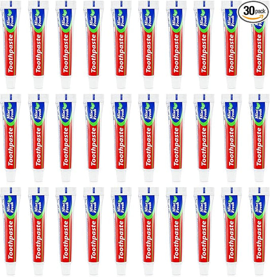 30 Tubes Bulk Travel Size Mini Toothpaste, 0.35 oz Disposable Mint Flavor Pocket Teeth Paste Small Essential Toothpaste for Travel, Home/Hotel/Guests/Charity/Homeless/Camping Oral Care (Single Use)