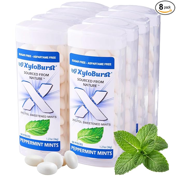 XyloBurst - Xylitol Mints | Sugar Free Breath Mints for Oral Health | Gluten Free, Vegan, Keto Friendly | Aspartame Free Mints | Peppermint | 60 Count Jar, 8-Pack