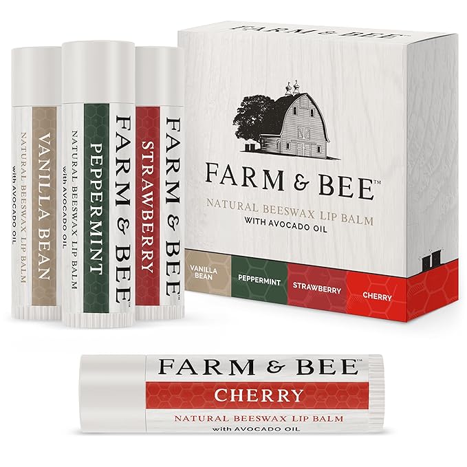 Natural Lip Balm – Variety Pack - Organic & Natural Ingredients - Beeswax Based Lip Care Chapstick - Great Gift - Farm & Bee - 0.15oz (Pack of 4 - Vanilla Bean/Peppermint/Strawberry/Cherry)