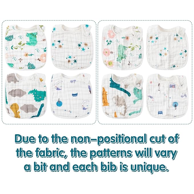 Zainpe 6Pcs Snap Muslin Cotton Baby Bibs Dinosaur Star Bear Pattern Bib, Adjustable Burp Cloths with 6 Absorbent & Soft Layers for Infants Newborns Toddlers Drooling Feeding Teething