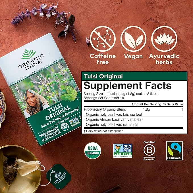 ORGANIC INDIA Tulsi Original Herbal Tea - Holy Basil and African Basil Calming and Stress Relief Tea, Immune Support, USDA Certified Organic, Non-GMO, Caffeine-Free - 18 Infusion Bags, 3 Pack