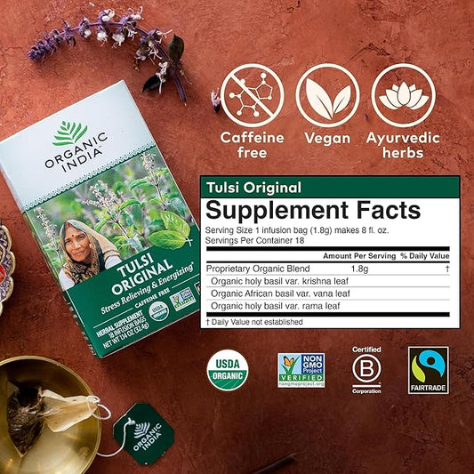 ORGANIC INDIA Tulsi Original Herbal Tea - Holy Basil and African Basil Calming and Stress Relief Tea, Immune Support, USDA Certified Organic, Non-GMO, Caffeine-Free - 18 Infusion Bags, 3 Pack