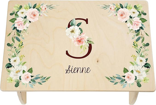 Step Stool for Toddlers- Personalized Wood Kids Step Stool with Name for Kitchen Sink, Bathroom, Potty Training, Toilet, Kitchen Sink- Sturdy and Safe- Made in USA by BloomOwl (Floral- Initial)