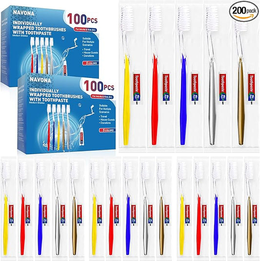 Navona 200 PCS Disposable Toothbrush with Toothpaste Bulk, Travel Toothpaste, Bulk Toothpastes, Individually Wrapped Bulk Toothbrush, Ergonomics Handle,Medium Soft Bristle, Perfect for Travel, Hotel