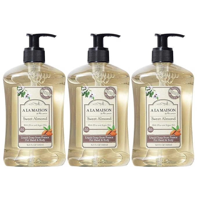 A LA MAISON French Liquid Hand Soap, Almond - Natural Hand Wash Made with Essential Oils - Biodegradable, Plant-Based, Vegan, Cruelty-Free, Alcohol & Paraben Free (16.9 oz, 3 Pack)