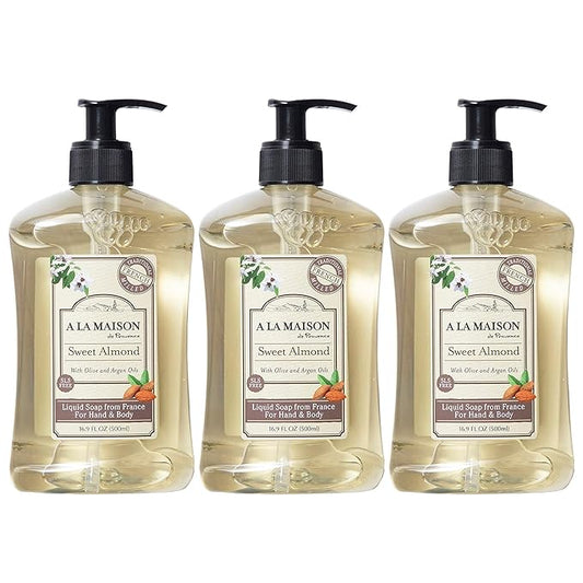 A LA MAISON French Liquid Hand Soap, Almond - Natural Hand Wash Made with Essential Oils - Biodegradable, Plant-Based, Vegan, Cruelty-Free, Alcohol & Paraben Free (16.9 oz, 3 Pack)