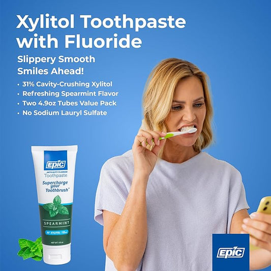 Epic Dental Xylitol Fluoride Toothpaste for Adults - SLS-Free Spearmint with 31% Xylitol - Oral Care for Dry Mouth, Fresh Breath & Enamel Health - Vegan, Gluten-Free - 4.9oz (2-Pack)