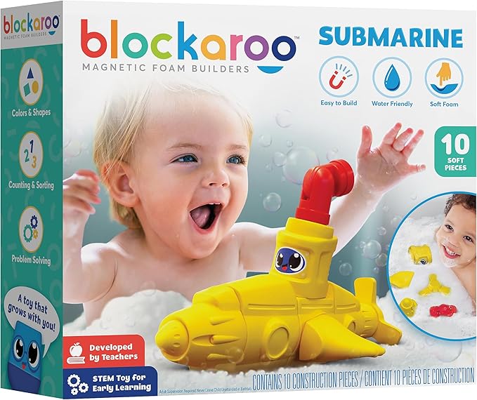 Blockaroo Magnetic Foam Building Blocks - 10-Piece Submarine, Bath Toys for Toddlers, Preschool Toys, Bathtub Toys, Sensory Toys, Blocks for Toddlers 3-5, Engineering Toys for Kids 3-5, Bath Blocks