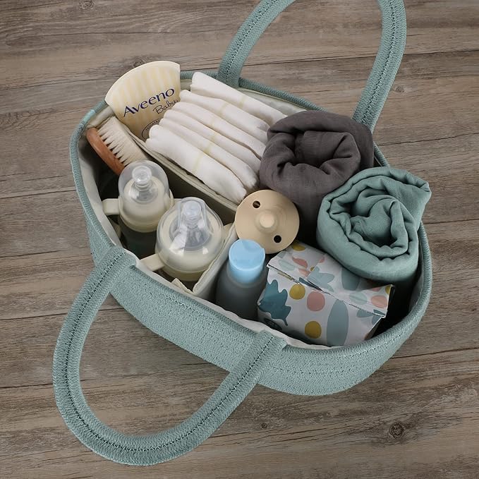 Diaper Caddy Organizer for Baby Cotton Rope Nursery Storage Bin Basket Portable Holder Tote Bag for Changing Table Car Travel Baby Shower Gifts Newborn Essentials Registry Must Haves Light Green