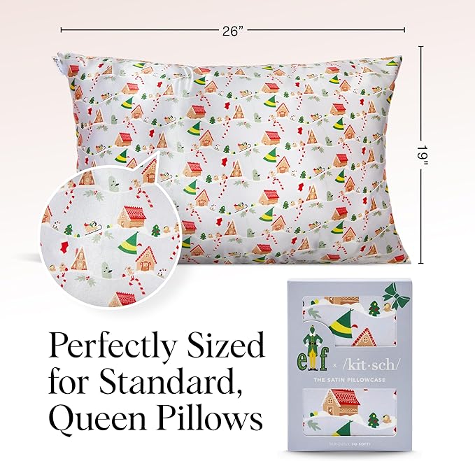 Kitsch x Elf Periwinkle Christmas Satin Pillowcase with Zipper for Hair & Skin, Softer Than Silk Pillow Cases Queen, Wrinkle-Free, Smooth and Cooling Satin Pillow Covers, Queen/Standard Size (19x26)