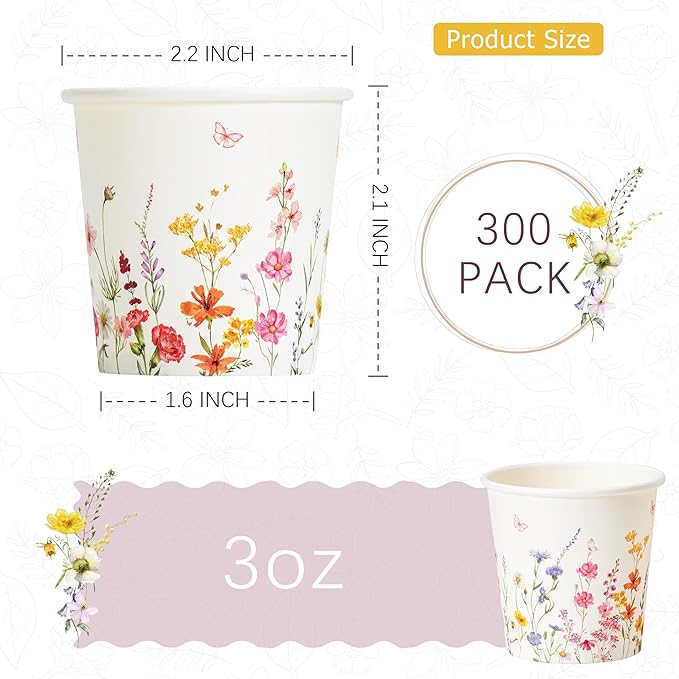 Crisky 300 Pack Paper Bathroom Cups 3oz Disposable Small Mouthwash, Elegant Floral Design, Hot/Cold Beverage Coffee, Dessert for Birthday Parties, Home-use, Picnics, Ceremonies
