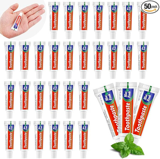 HOFASON 50 Tubes Bulk Travel Size Toothpaste 0.18 oz, Extra Small 2.28x0.78 inches Disposable Travel Size Bulk Mini Toothpaste Peppermint for Bad Breath, Guests, Homeless, Hotel, Charity Toiletries