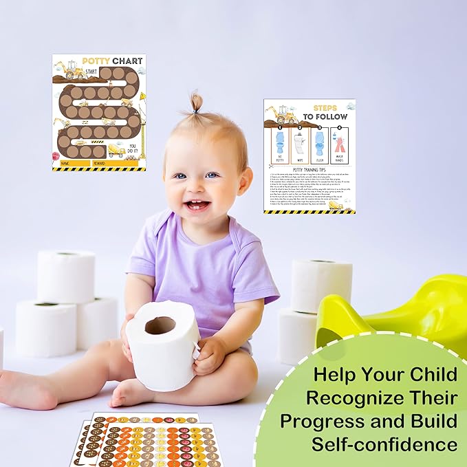 Potty Training Chart, 10 Potty Training Reward Chart for Toilet Success, 8"x10" Construction Routine Calendar with Stickers for Toddler Boys - A02