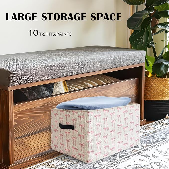 Coquette Pink Bow Storage Basket Bins With Handles for Girls Kids, Pink Bow Decor Foldable Organizer Basket Toybox for Girls Room Nursery Bedroom Bathroom Clothes Toys Books