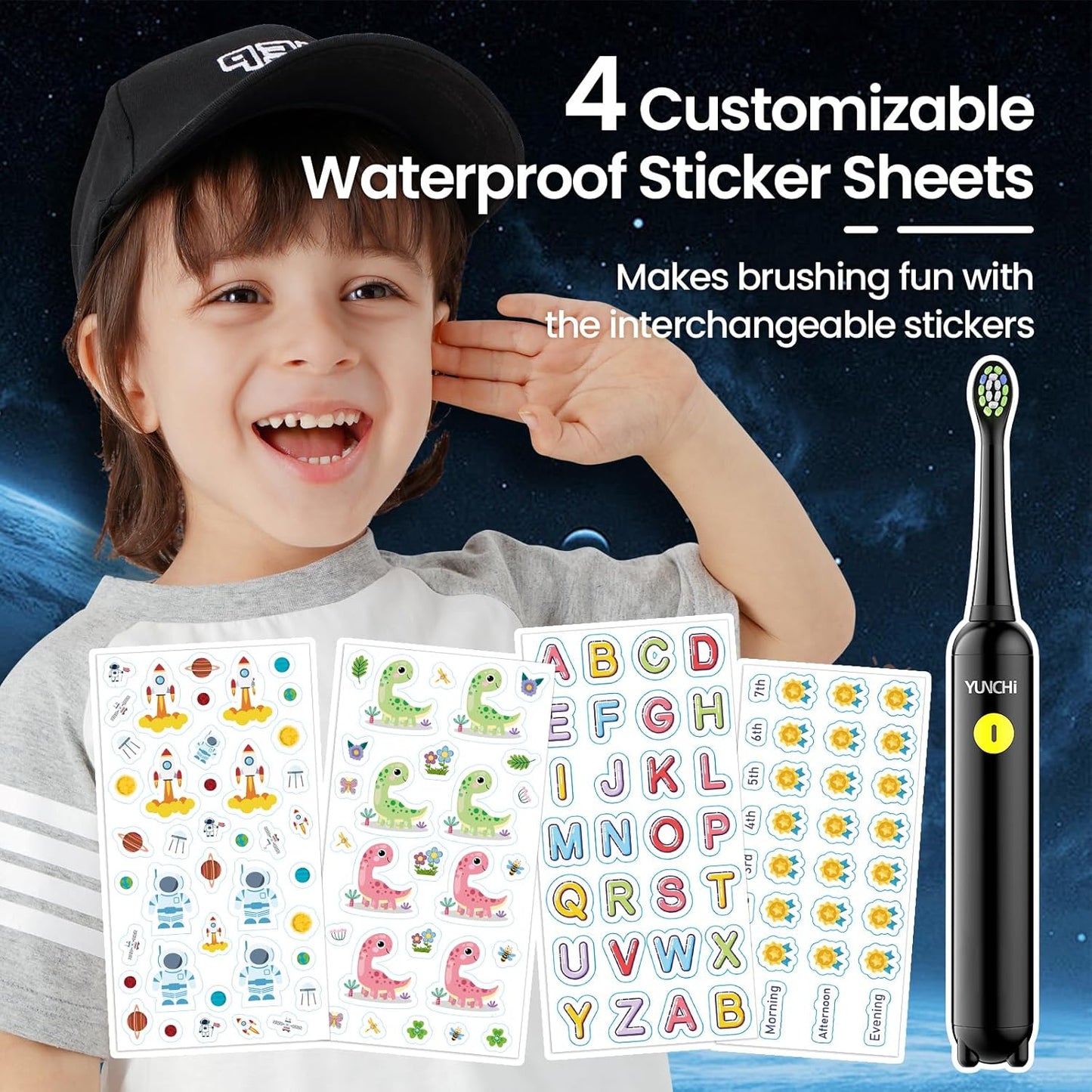 YUNCHI K5 Kids Rechargeable Electric Toothbrush with Waterproof Stickers, 3 Modes with 2 Minutes Timer, for Boys Age 4-6-8-12, Toddler Children Sonic Toothbrush with 4 Replacement Heads Soft, Black