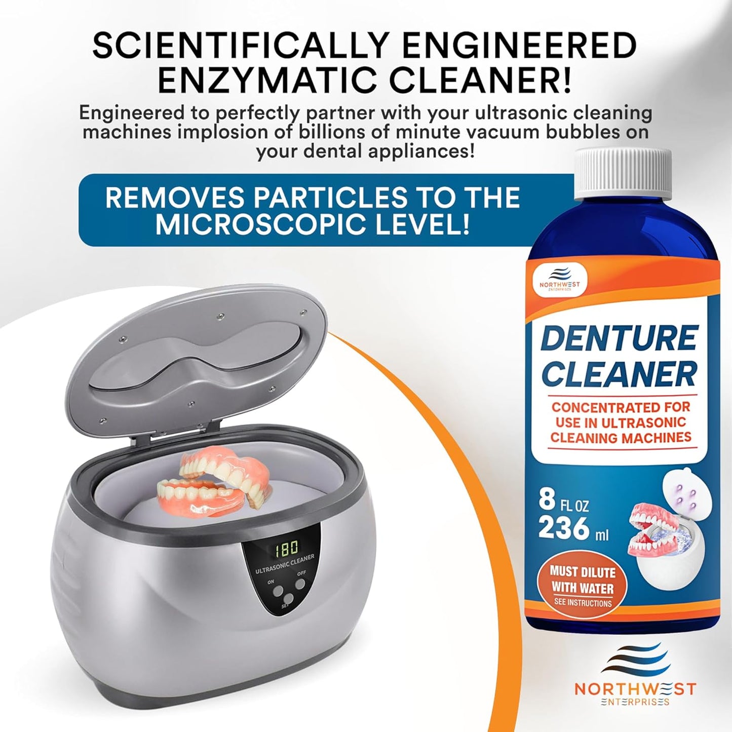 Ultrasonic Denture Cleaner - Denture Cleaner for All Types of Dentures - Denture Cleaning Solution Removes Stains, Plaque, Grime, and Build-up (16 Ounces)