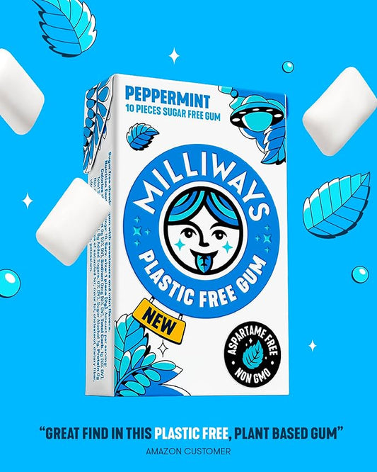Milliways Peppermint | Plastic Free Gum | Xylitol, Aspartame-Free, Sugar-Free, Plant-Based, Natural Chewing Gum | 120 Pieces Total (12 Packs of 10 Pieces)