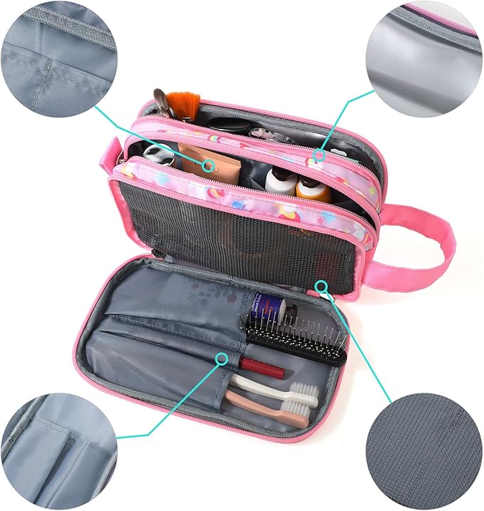 Kids Toiletry Bag for Girls, Travel Toiletry Bag for Little Young Girls Cosmetic Bag Makeup Bag Waterproof Hanging Wash Bag Toddler Toiletries, Unicorn Pink