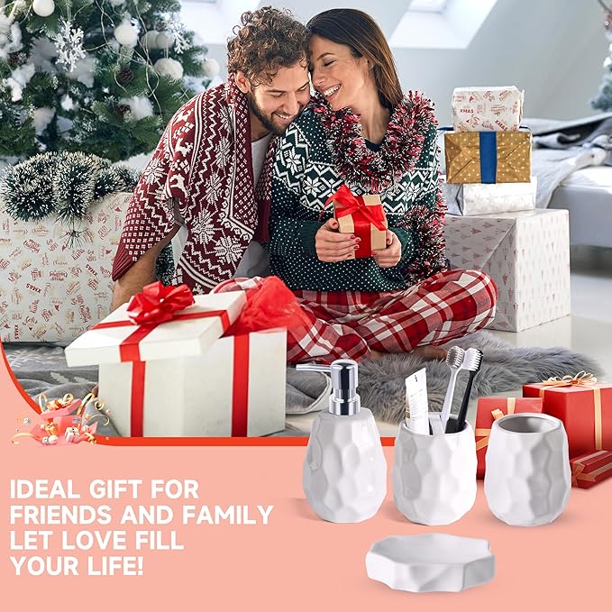 Ceramic Bathroom Accessories Set 4 PCS,Bathroom Toothbrush Holder Set,Soap and Toothbrush Holder Set,Include Toothbrush Holder,Soap Dispenser,Tumbler,Soap Dish,Bathroom Sets Decor Organizer (White)