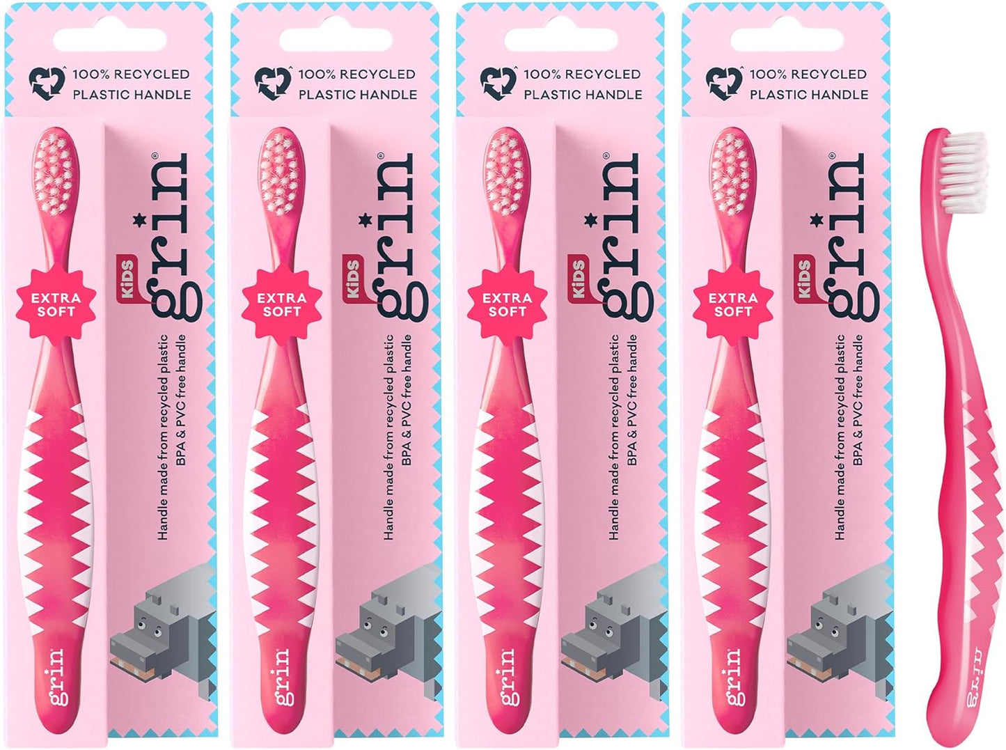 Grin Kids 100% Recycled Toothbrush, Extra Soft, 4 Count, Pink, Gentle Care for Baby and Toddler Teeth