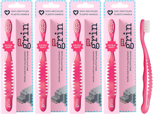 Grin Kids 100% Recycled Toothbrush, Extra Soft, 4 Count, Pink, Gentle Care for Baby and Toddler Teeth