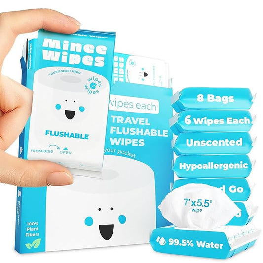 Impossibly Compact Travel Flushable Wipes - 99.5% Water and Aloe - Safe for Sensitive Skin, Hypoallergenic & Unscented - Travel Essentials for Adults, Kids & Baby Care - 8 Pack Total 48 Wipes